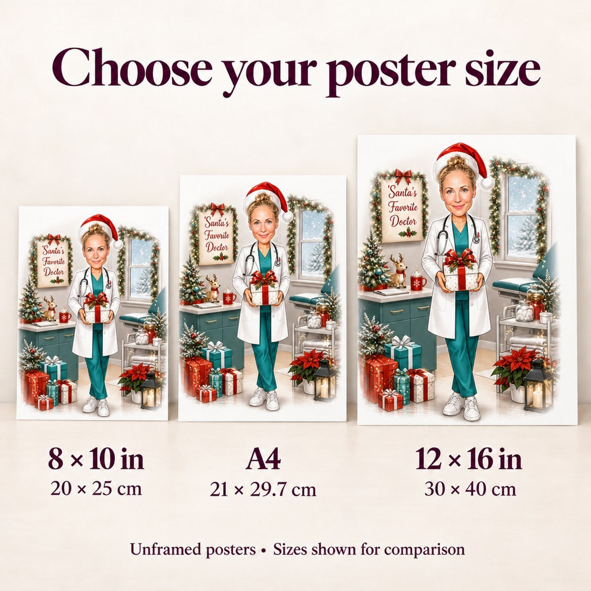 Matte poster size comparison: 8x10, A4, and 12x16 shown on a wall.