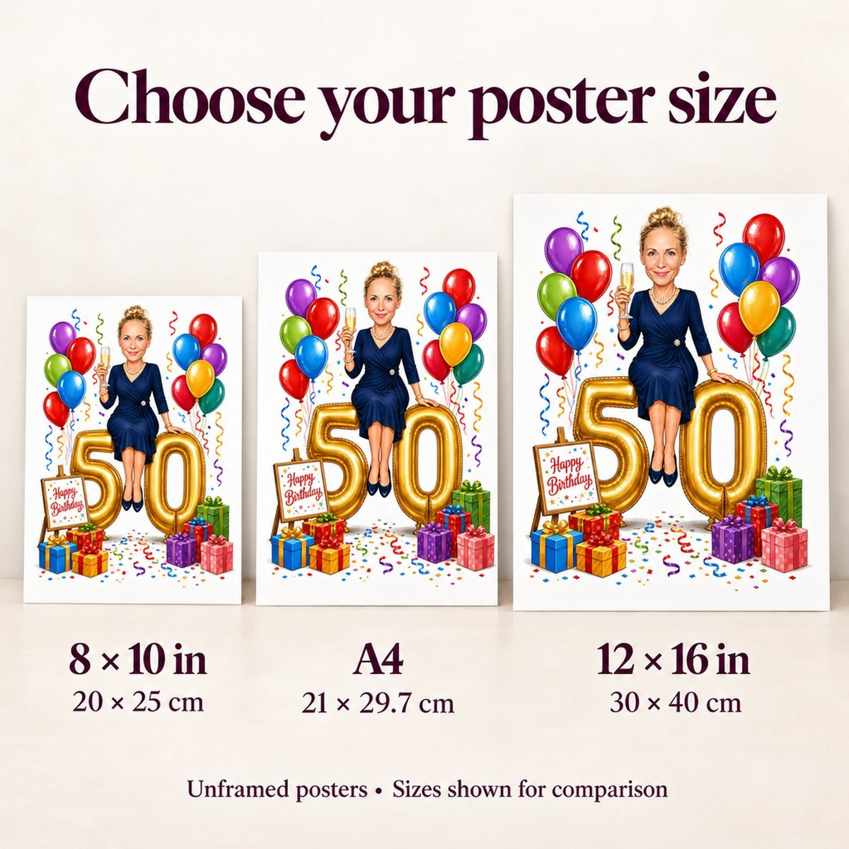 8x10, A4, and 12x16 posters shown side by side for scale