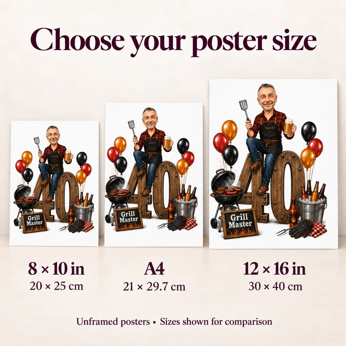 Poster size comparison showing 8x10, A4, and 12x16 BBQ birthday caricature.