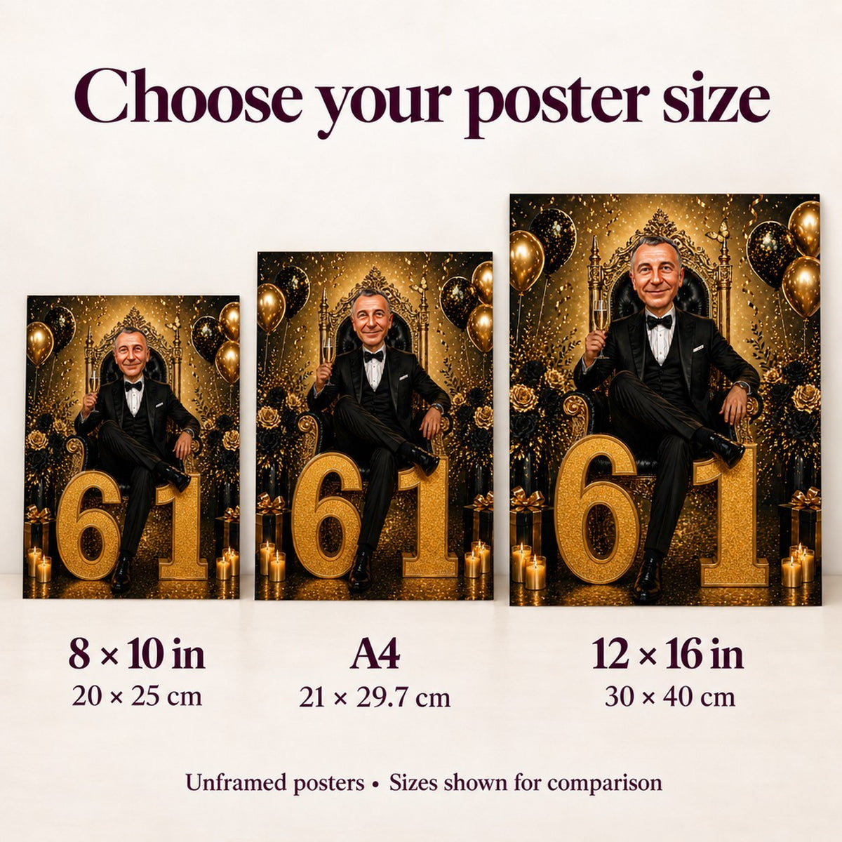 Size comparison of matte posters 8x10, A4, and 12x16 on wall.