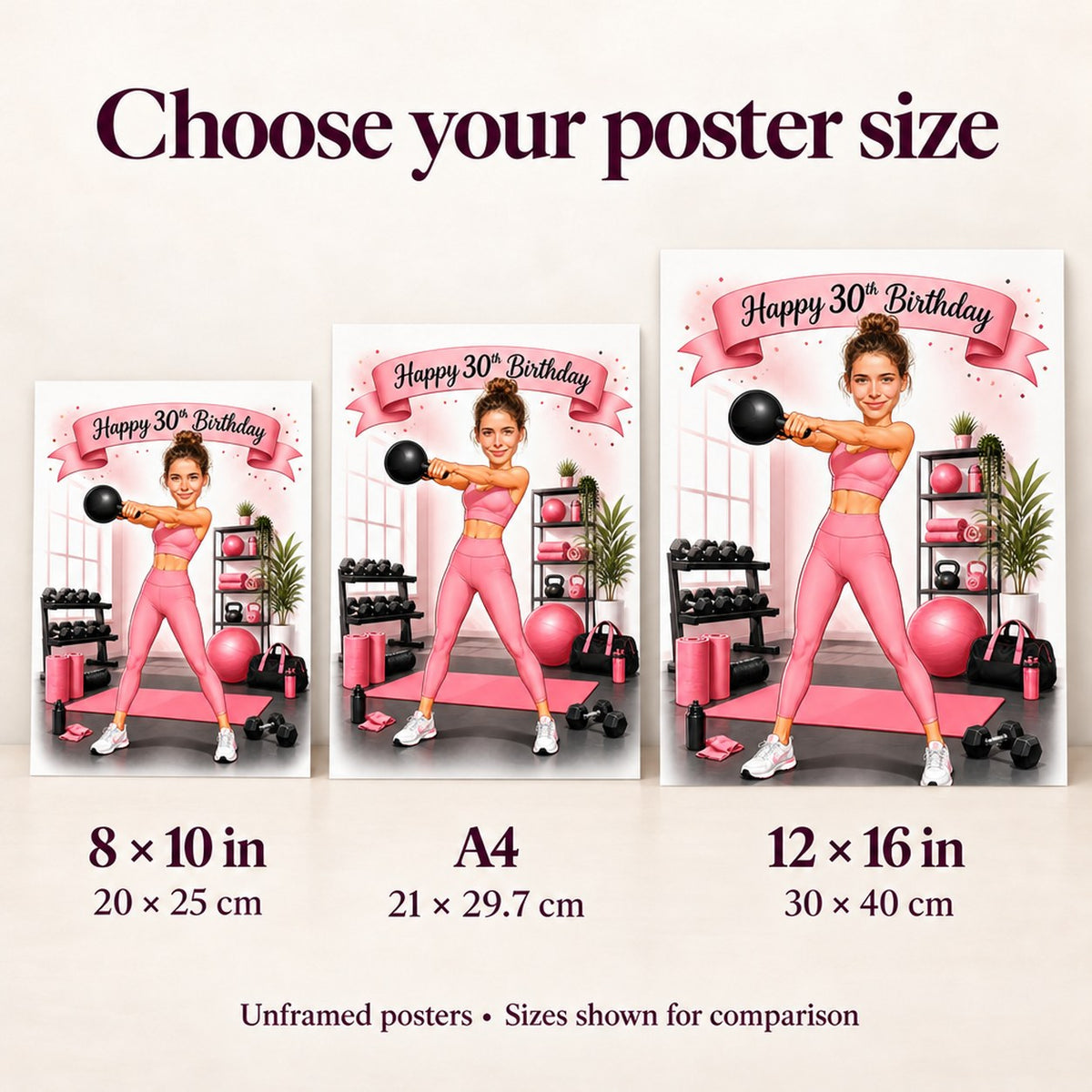 Poster sizes 8x10, A4, and 12x16 compared side by side.