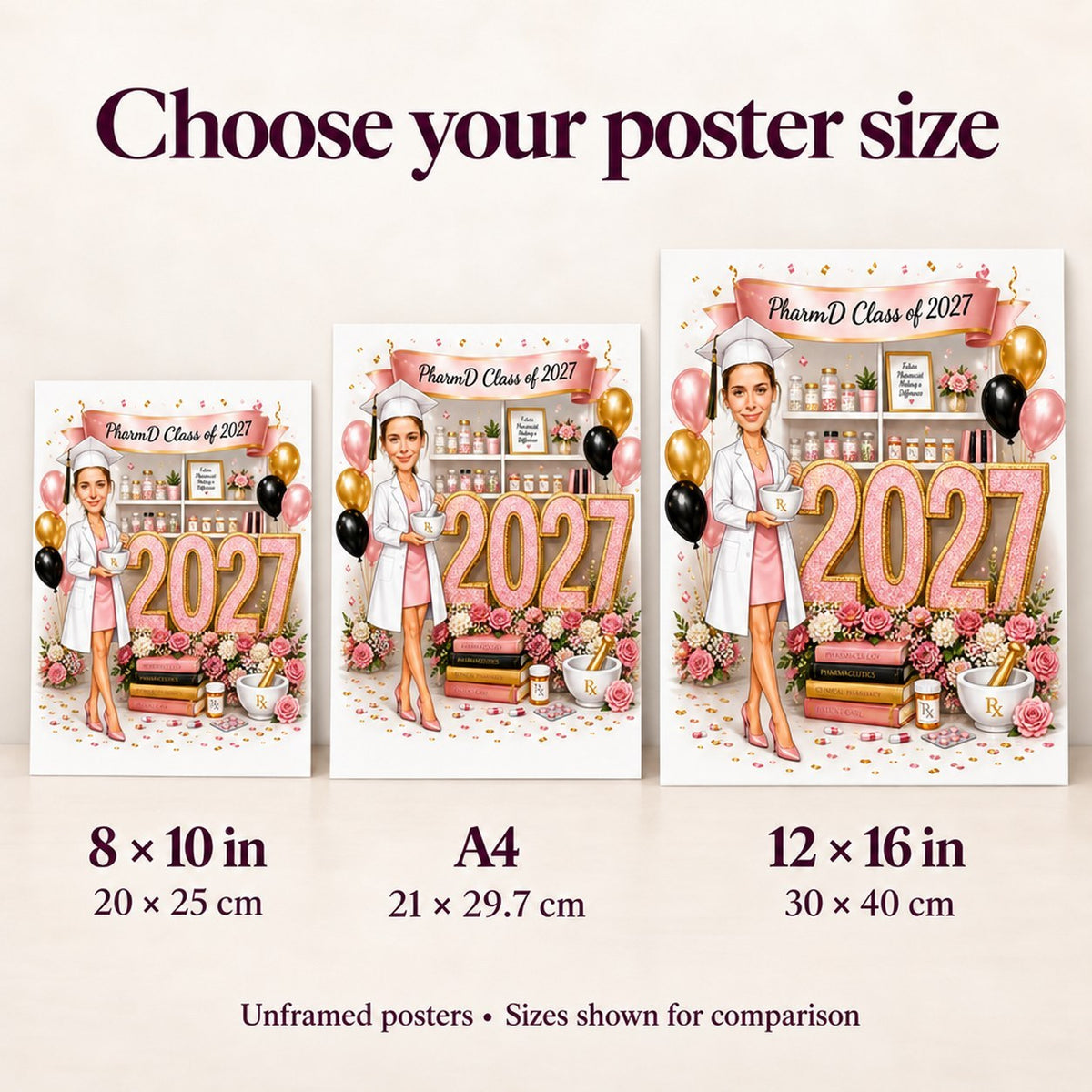 Poster size comparison showing 8x10 inch, A4, and 12x16 inch options on a wall.