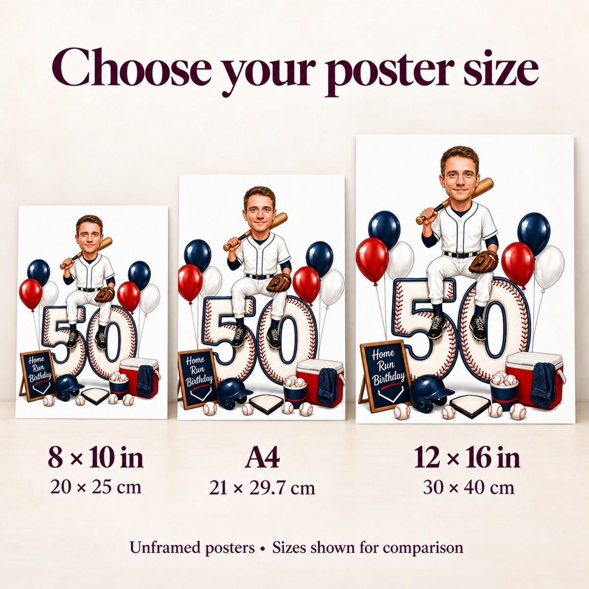 Poster size comparison showing 8x10, A4, and 12x16 inches.