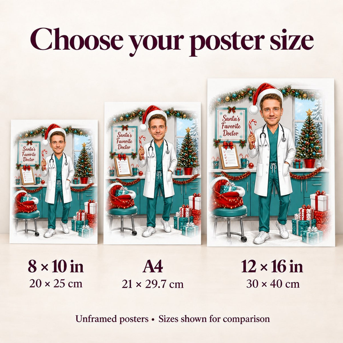 8x10, A4, and 12x16 posters shown side by side for scale