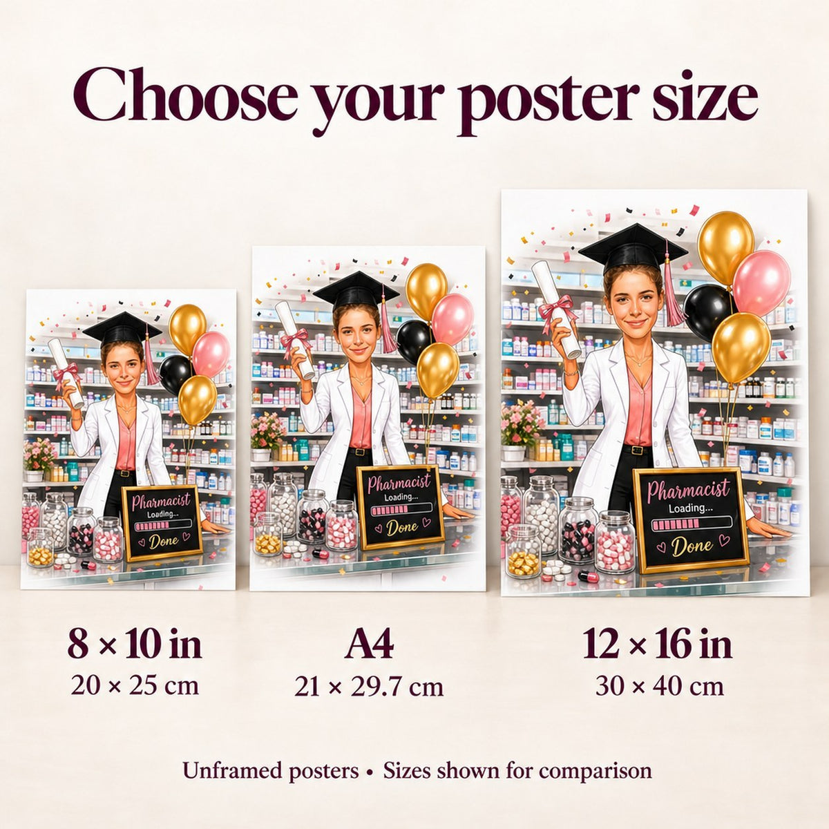 Comparison of 8x10, A4, and 12x16 posters held to show scale against wall.