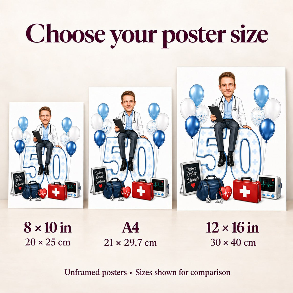Poster sizes 8x10, A4 and 12x16 inches shown for scale comparison.