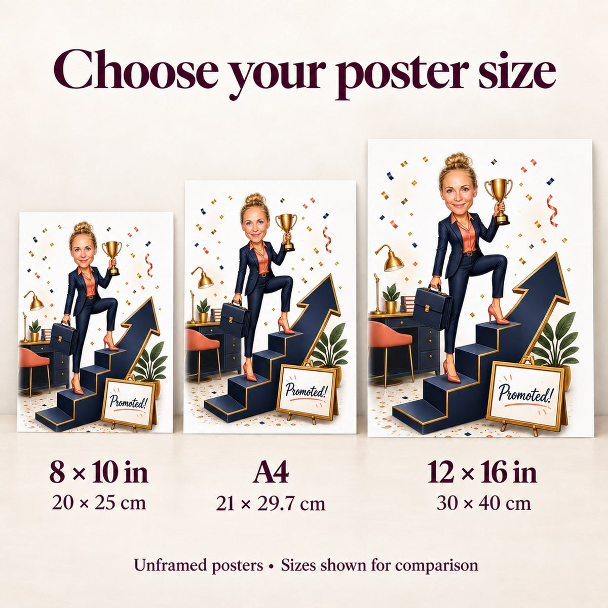 Poster size comparison: 8x10, A4, and 12x16 promotion office caricature wall display.