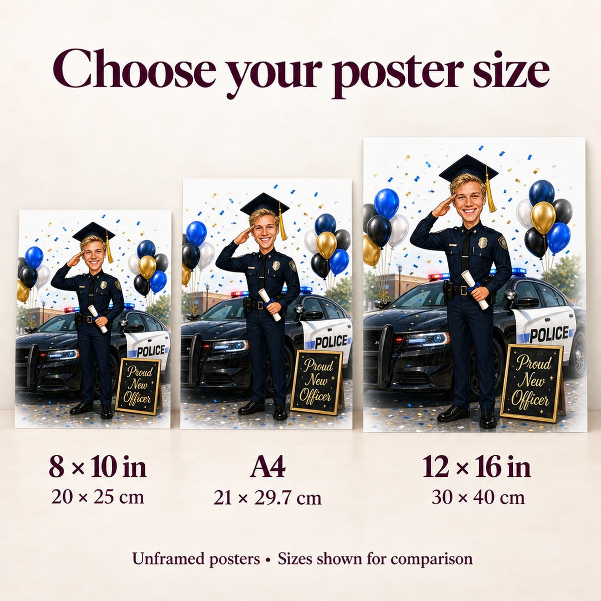 Poster size comparison showing 8x10, A4, and 12x16 inches next to a person