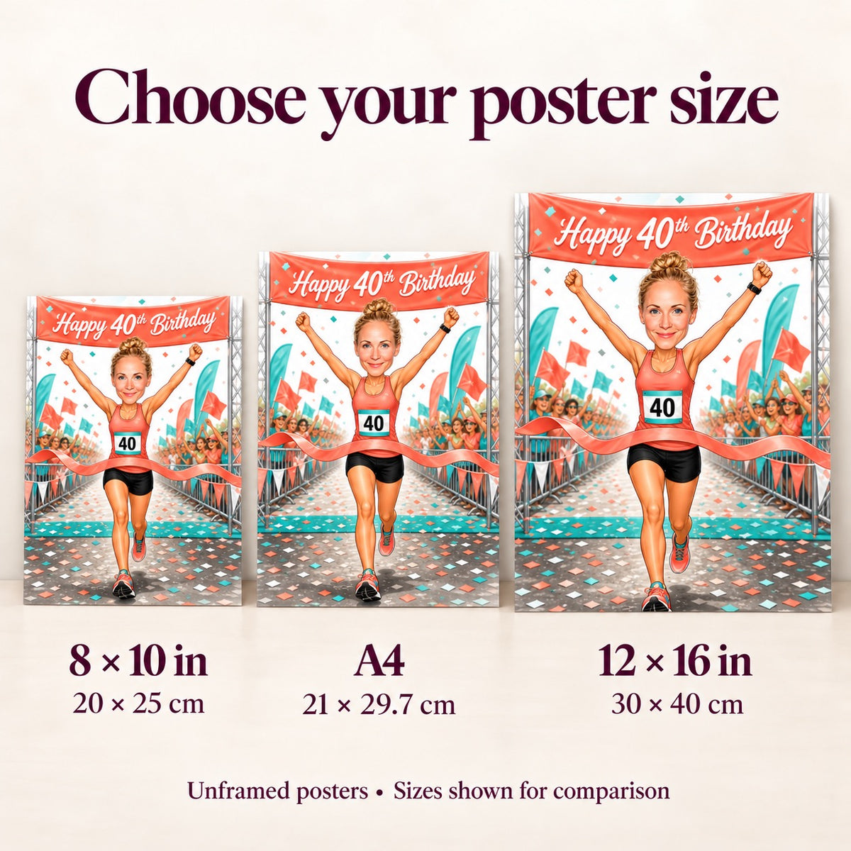 Poster size guide comparing 8x10, A4, and 12x16 inches on wall.