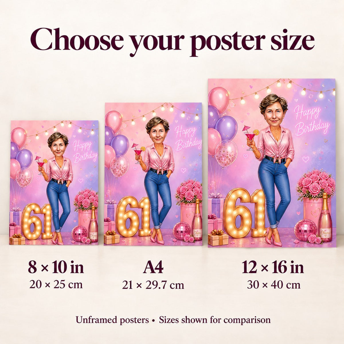 People holding 8x10, A4, and 12x16 posters for easy size comparison.