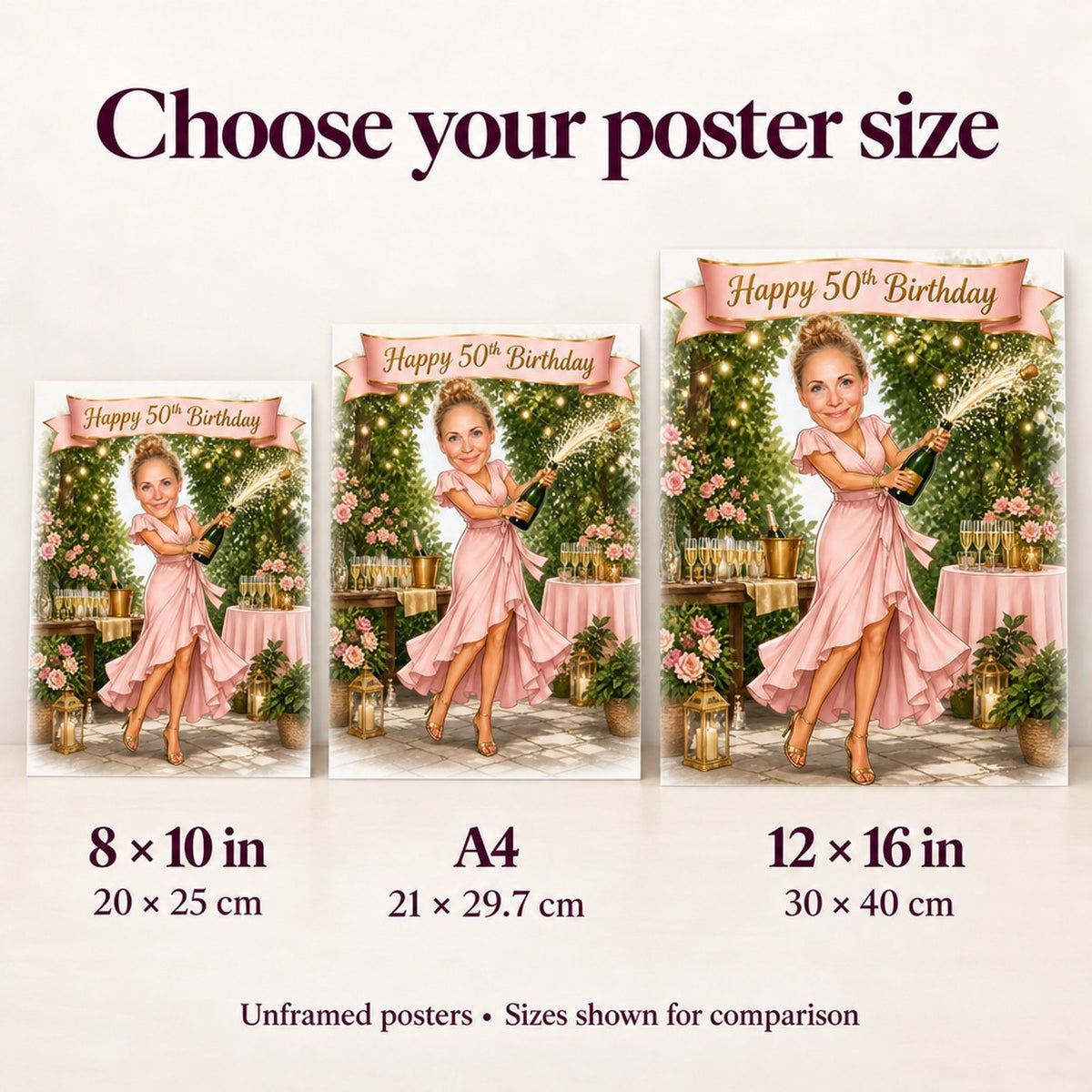 Poster size comparison showing 8x10, A4, and 12x16 inches held and on a wall.