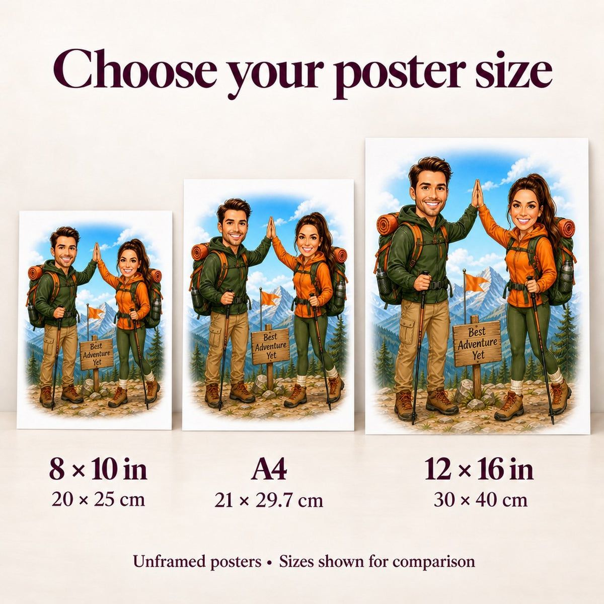 Poster sizes 8x10, A4, and 12x16 inches compared for scale against wall.