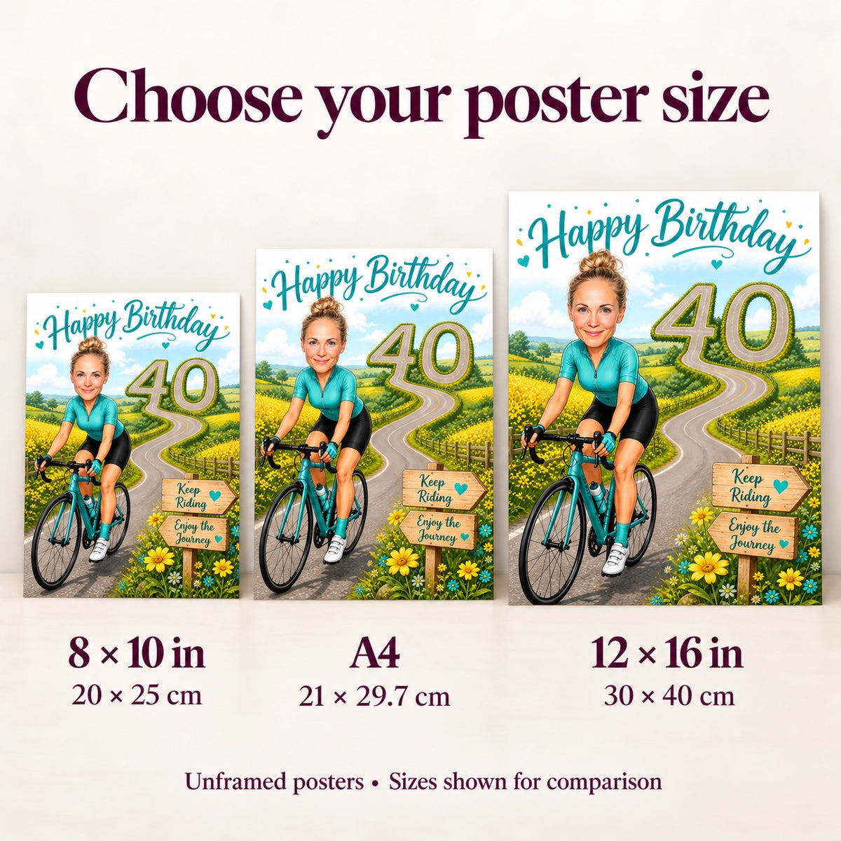 Poster sizes 8x10, A4 and 12x16 compared beside sofa and desk for scale.
