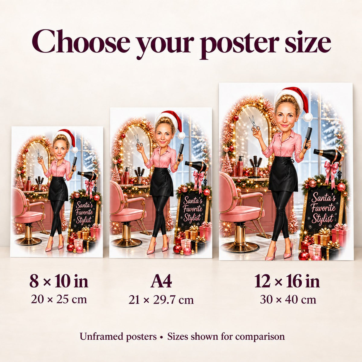 Side-by-side 8x10, A4, and 12x16 poster size comparison on wall.