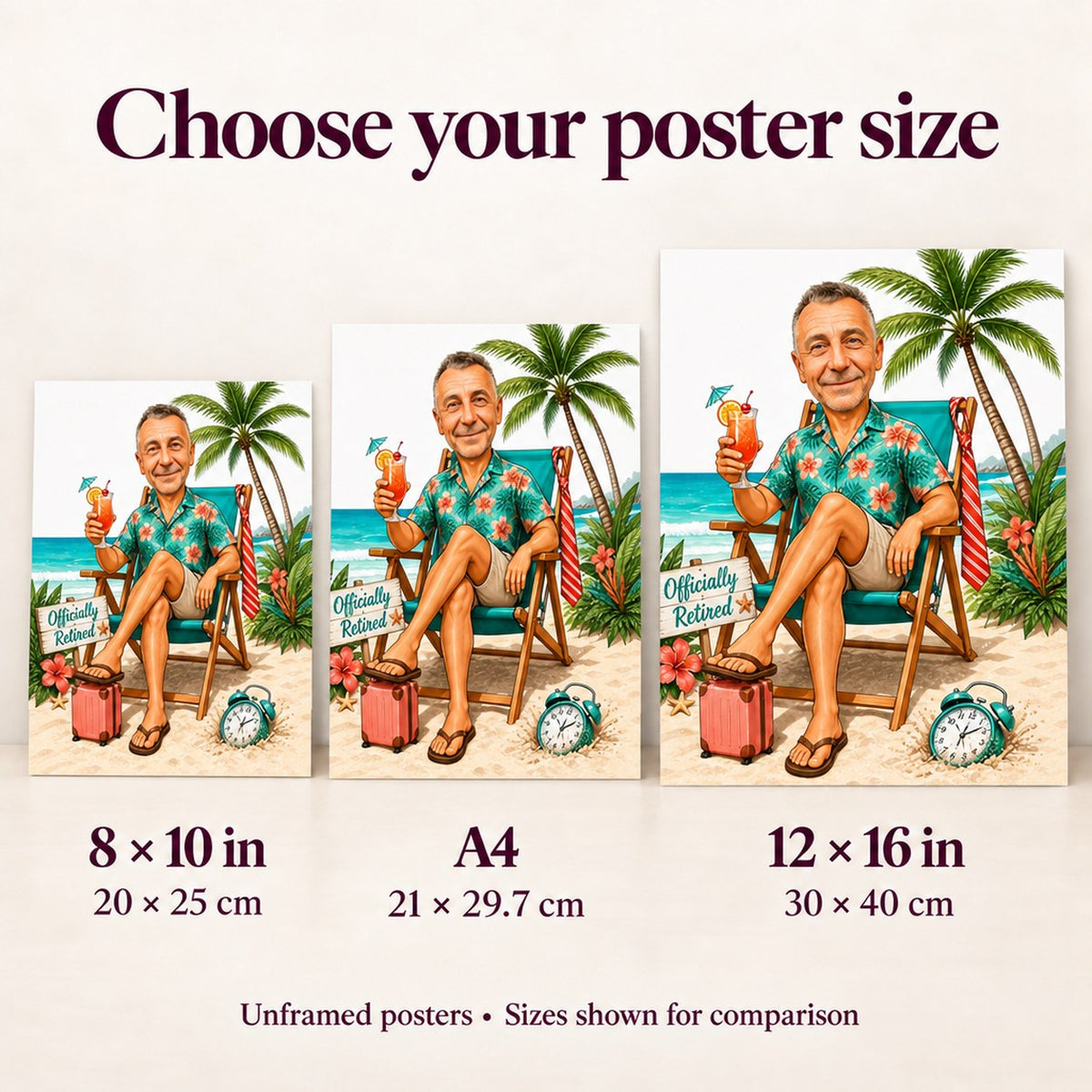 Poster size comparison 8x10, A4, and 12x16 held beside a person.