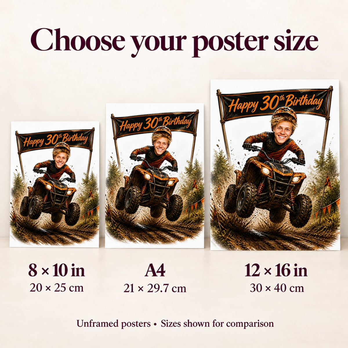 ATV poster size comparison showing 8x10, A4, and 12x16 inch options on a wall