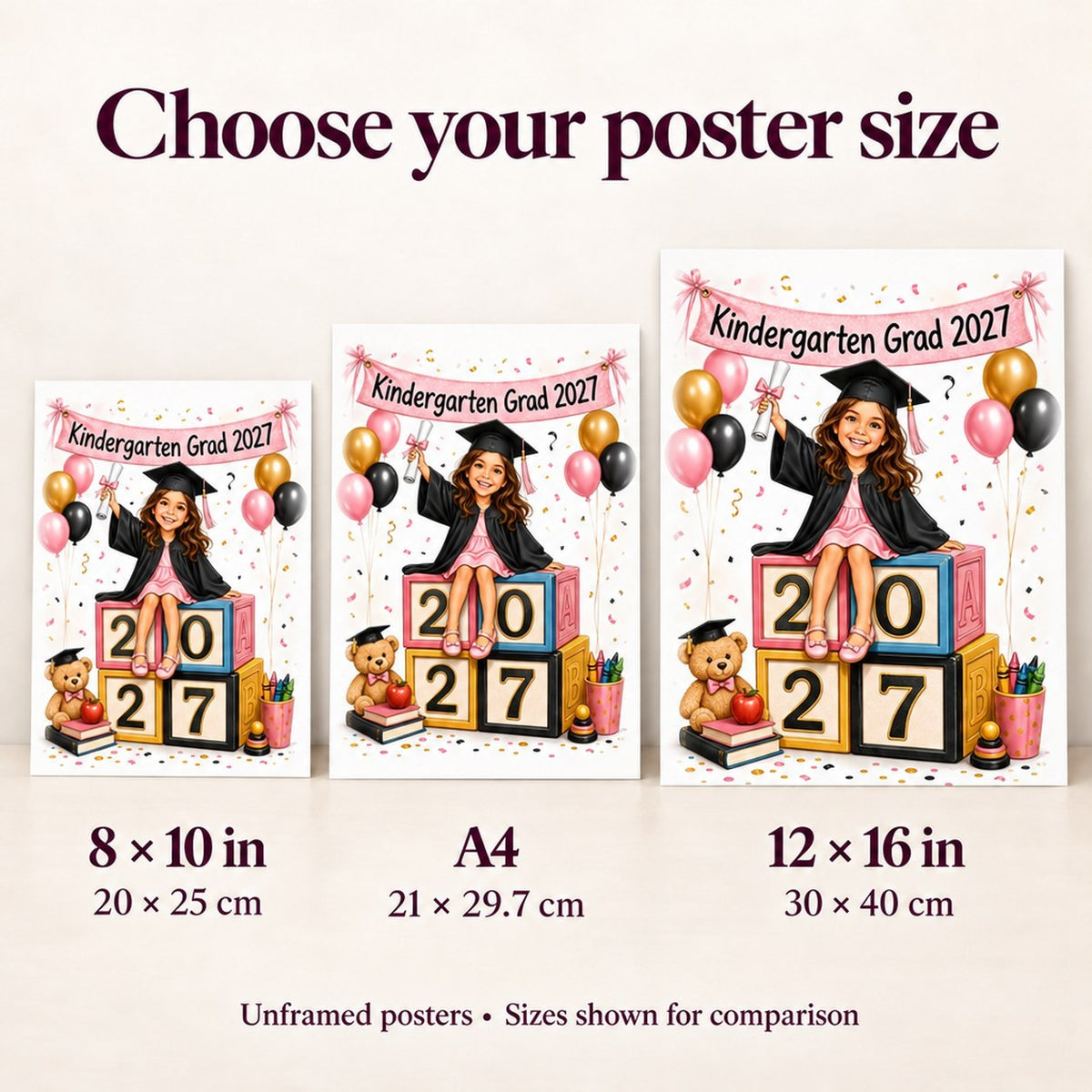 Poster sizes 8x10, A4, and 12x16 compared beside a child’s desk.