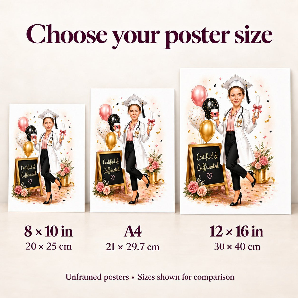 Poster size comparison showing 8x10, A4, and 12x16 held in hands.