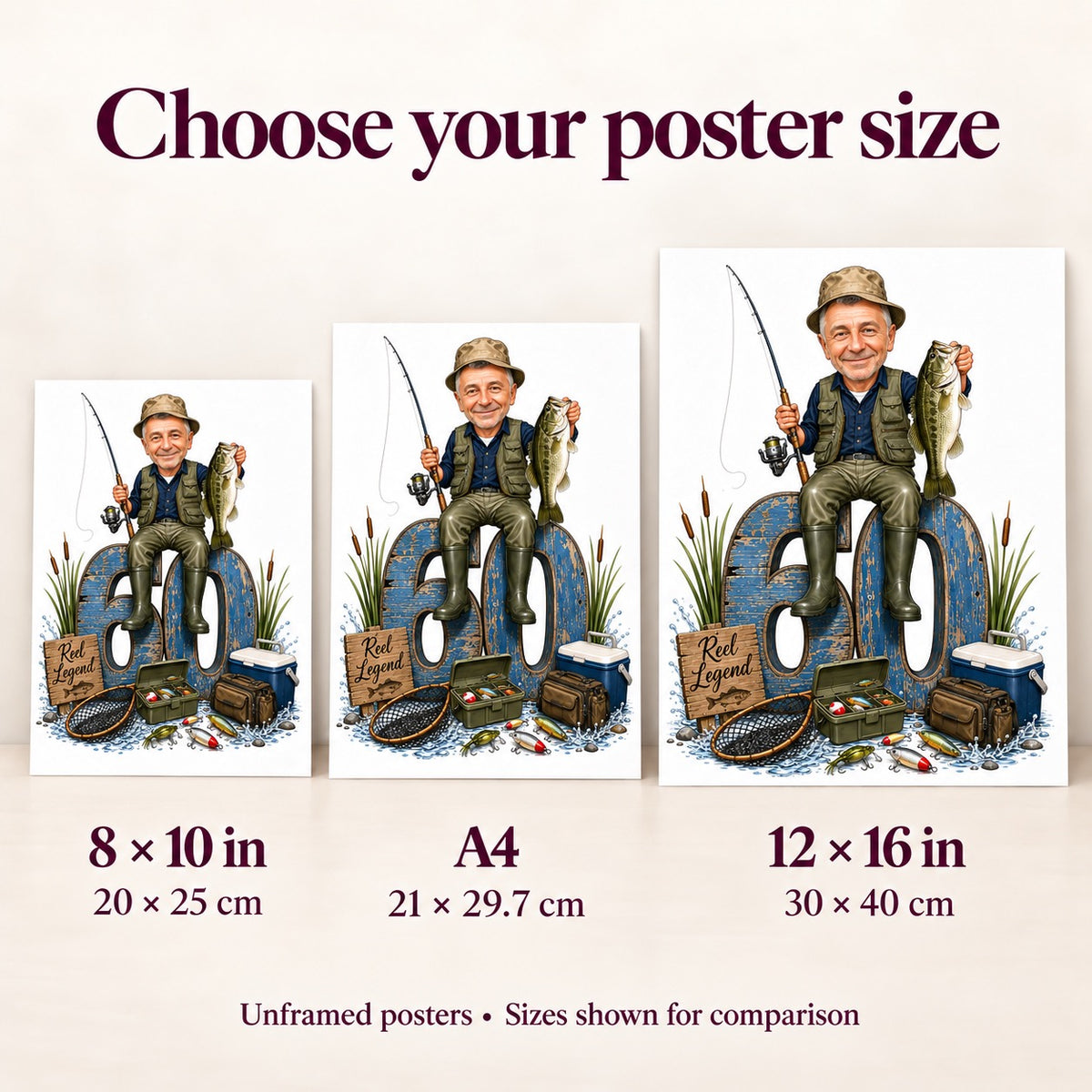 Poster size comparison of 8x10, A4, and 12x16 shown to scale.