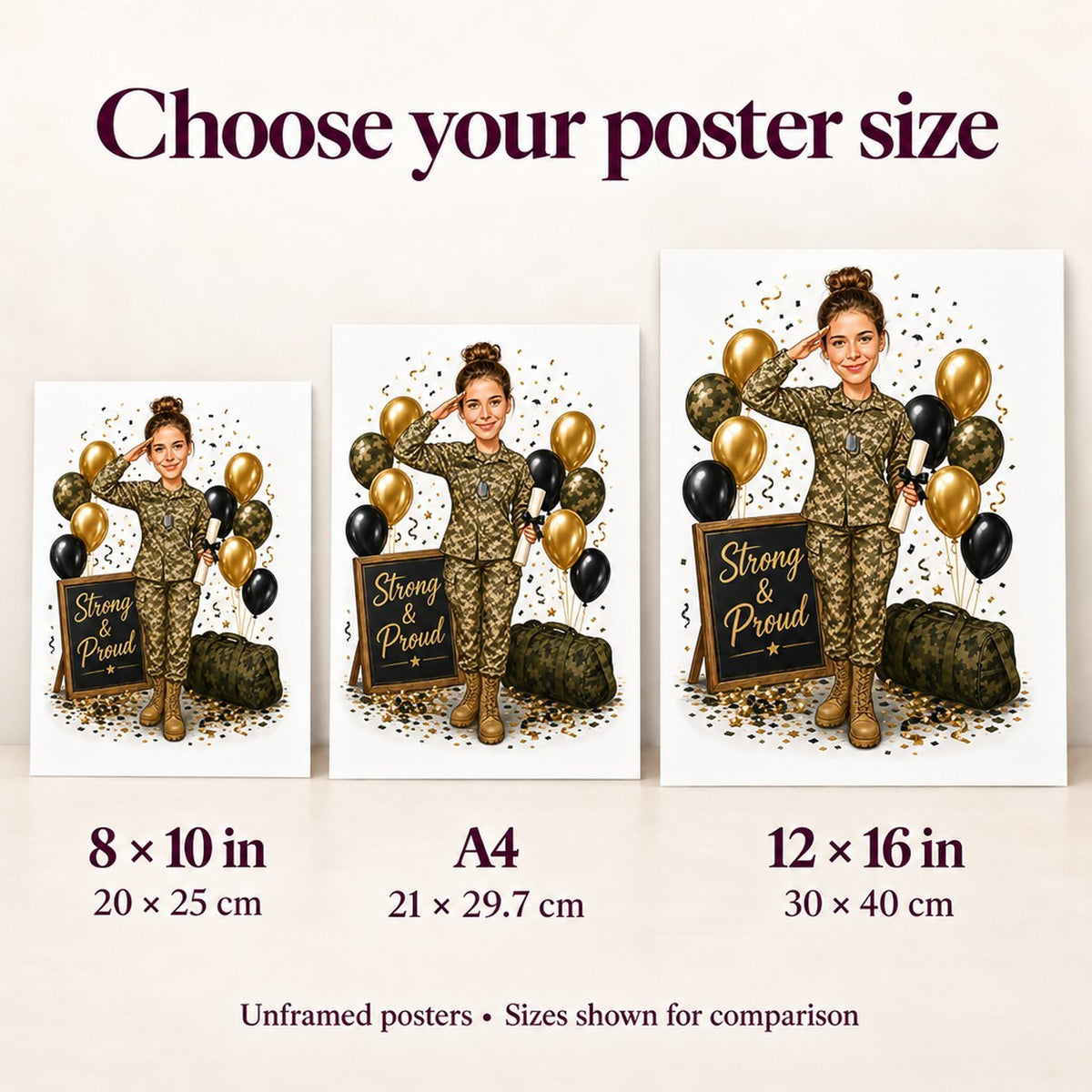 Poster size comparison showing 8x10, A4, and 12x16 military graduation print.