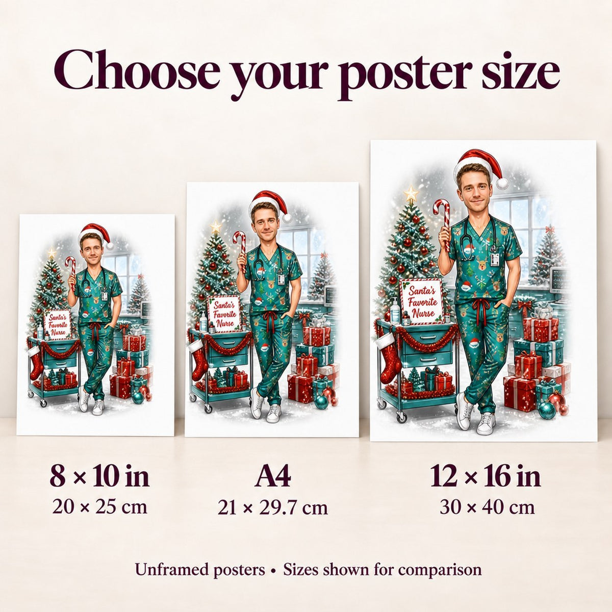 Matte posters shown in 8x10, A4, and 12x16 inches for easy size comparison.