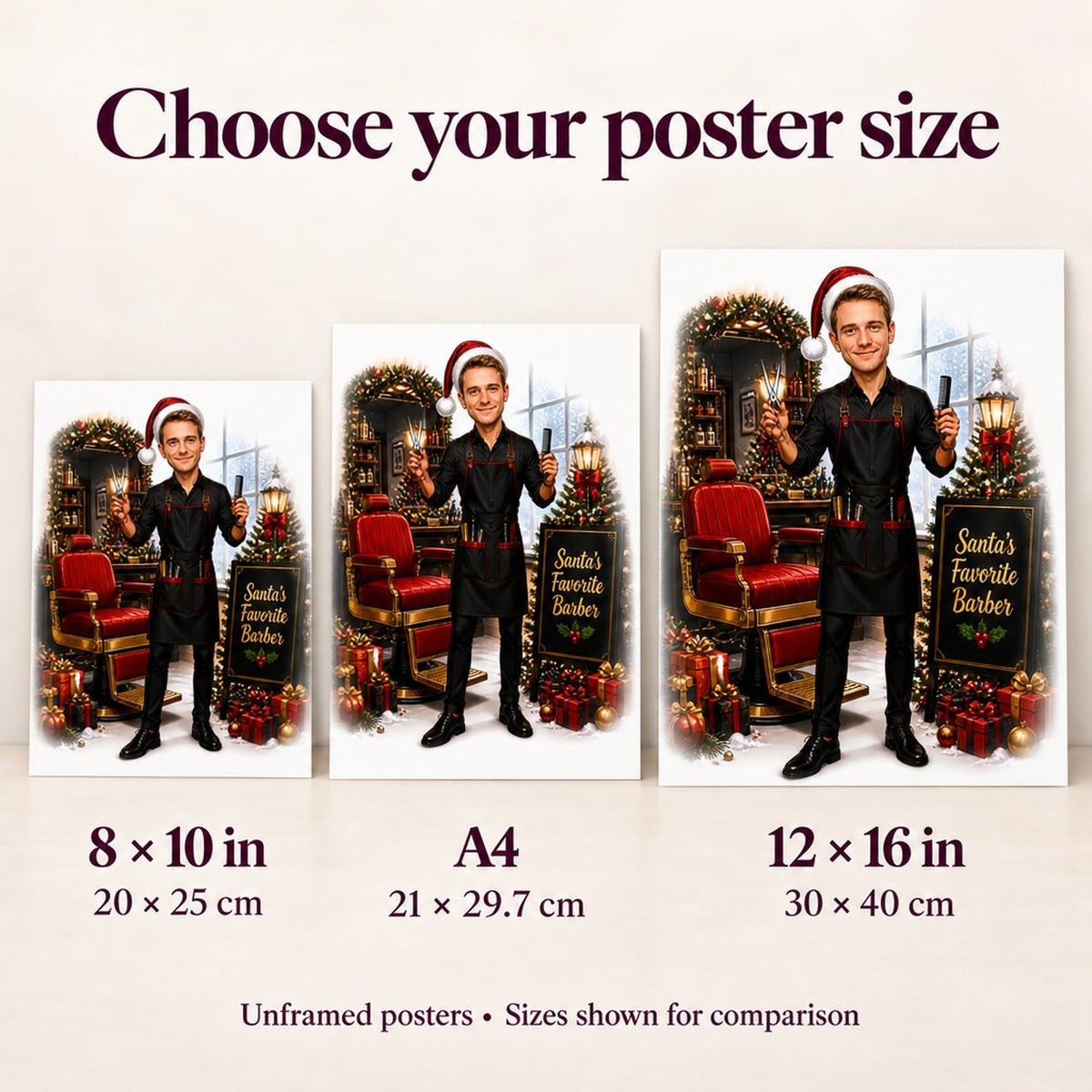 Poster size comparison showing 8x10, A4, and 12x16 prints beside furniture