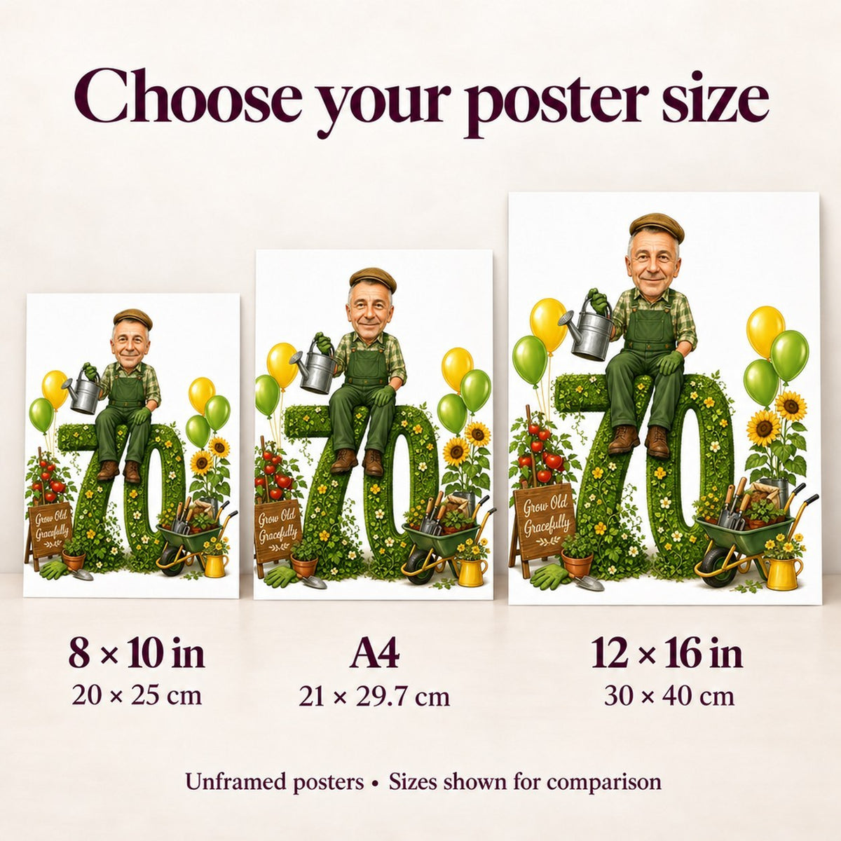 8x10, A4, and 12x16 posters shown side by side for size comparison.
