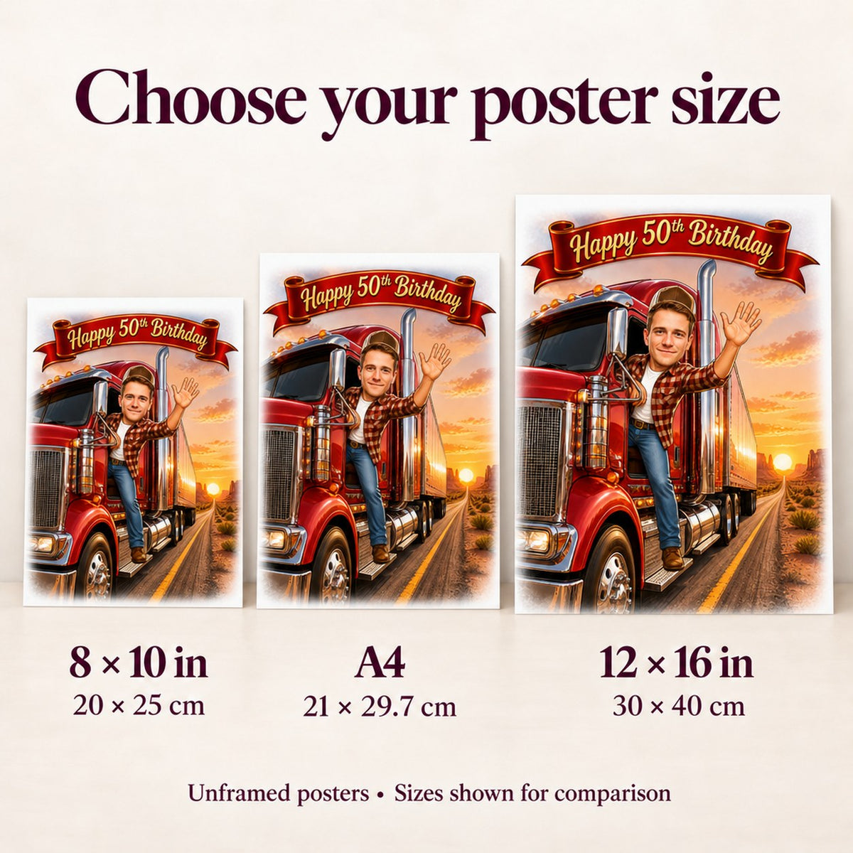 Poster size comparison showing 8x10, A4, and 12x16 inches on wall.