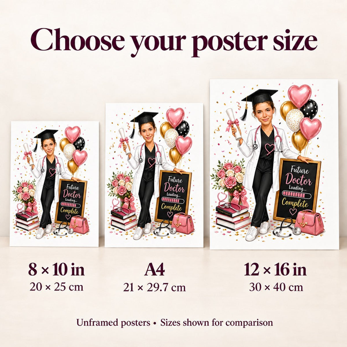 Poster size comparison showing 8x10, A4, and 12x16 inches held against a wall.