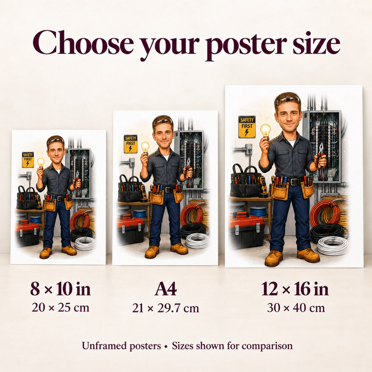 Poster sizes 8x10, A4, and 12x16 shown for scale beside desk.
