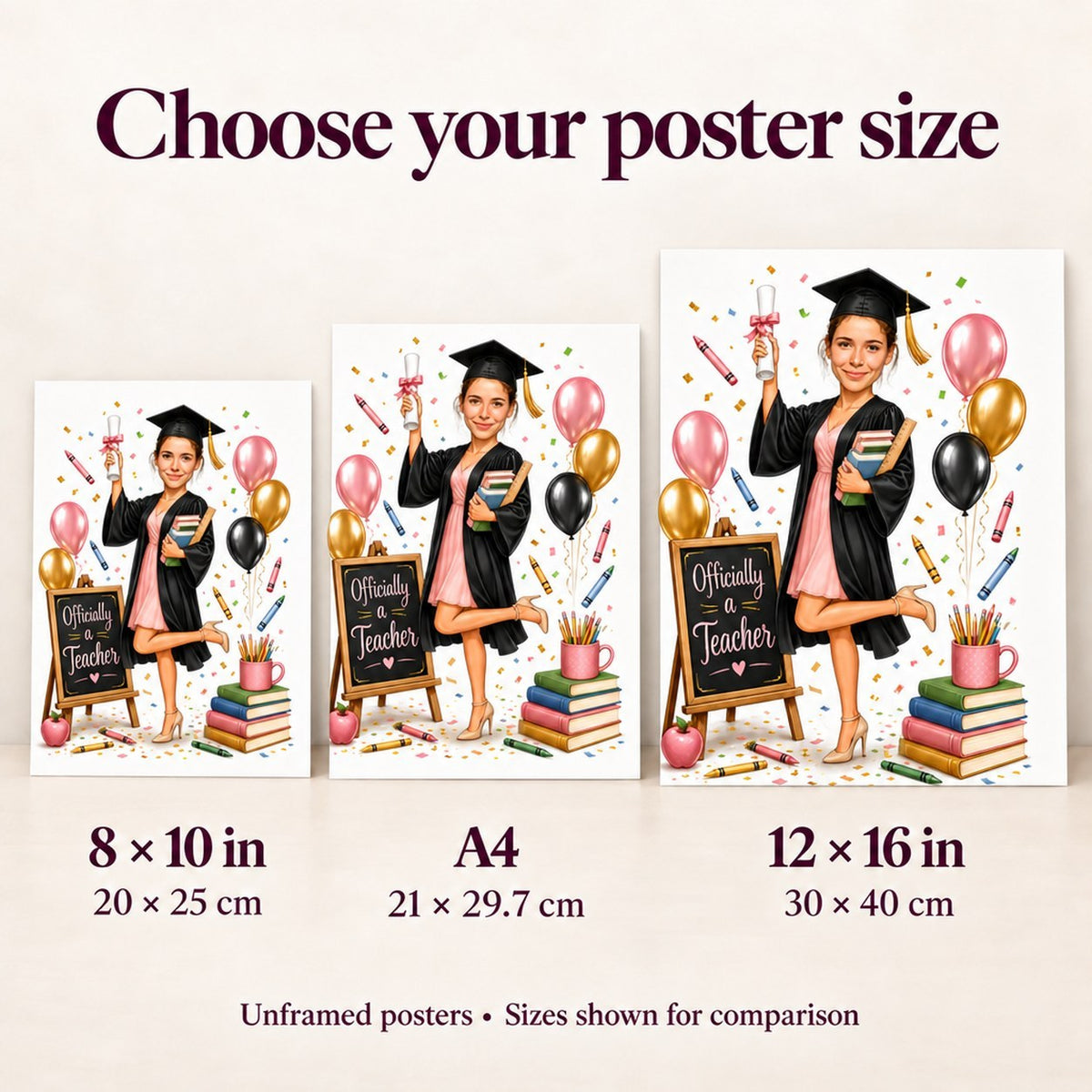 Poster size comparison showing 8x10, A4, and 12x16 teacher graduation caricature prints.