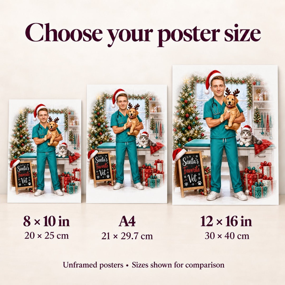 Poster size comparison showing 8x10, A4, and 12x16 prints on wall.