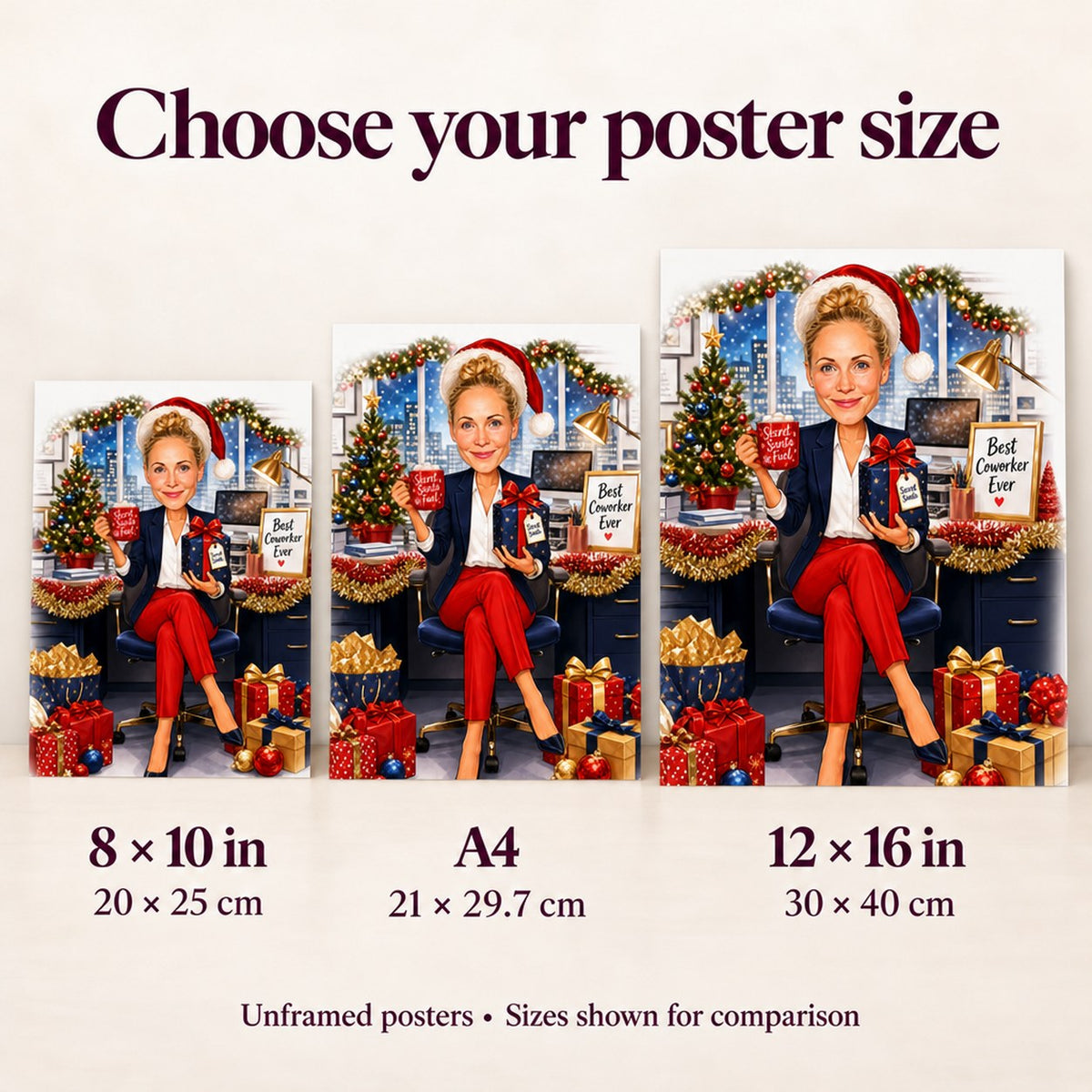 Posters in 8x10, A4, and 12x16 inches shown beside chair for scale.