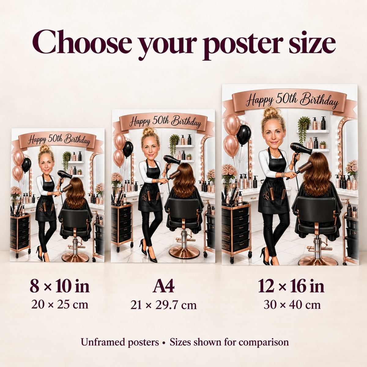 Poster size comparison A4, 8x10 and 12x16 inches held side by side