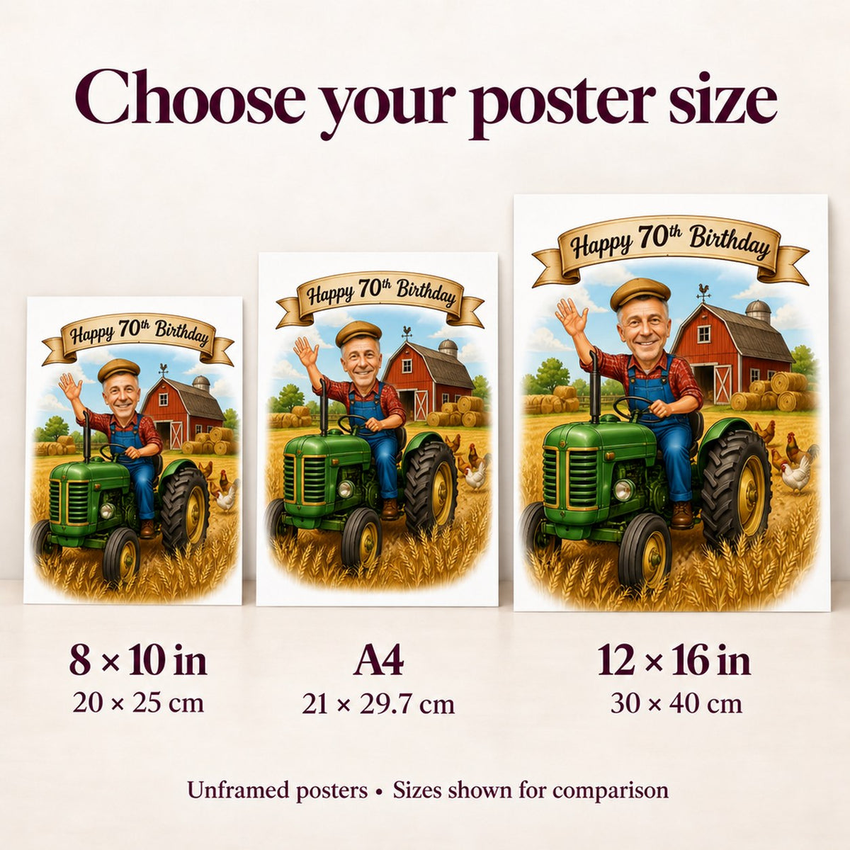 Poster sizes 8x10, A4, and 12x16 compared on wall next to plant.
