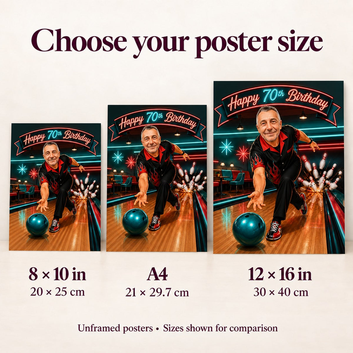 Poster size comparison showing 8x10, A4, and 12x16 bowling artwork on wall.