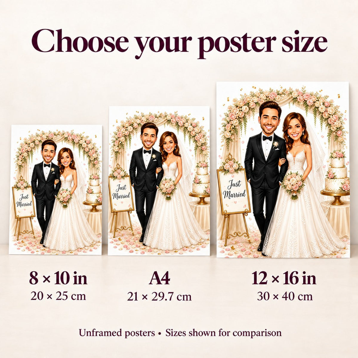 Poster sizes 8x10, A4 and 12x16 compared on wall