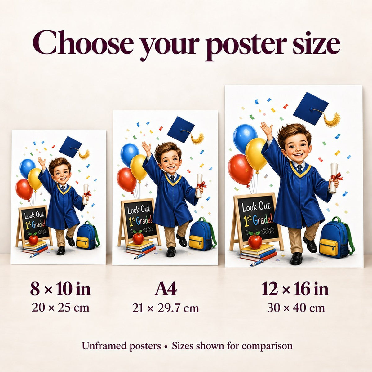 Size guide showing 8x10, A4, and 12x16 posters to scale on a wall.