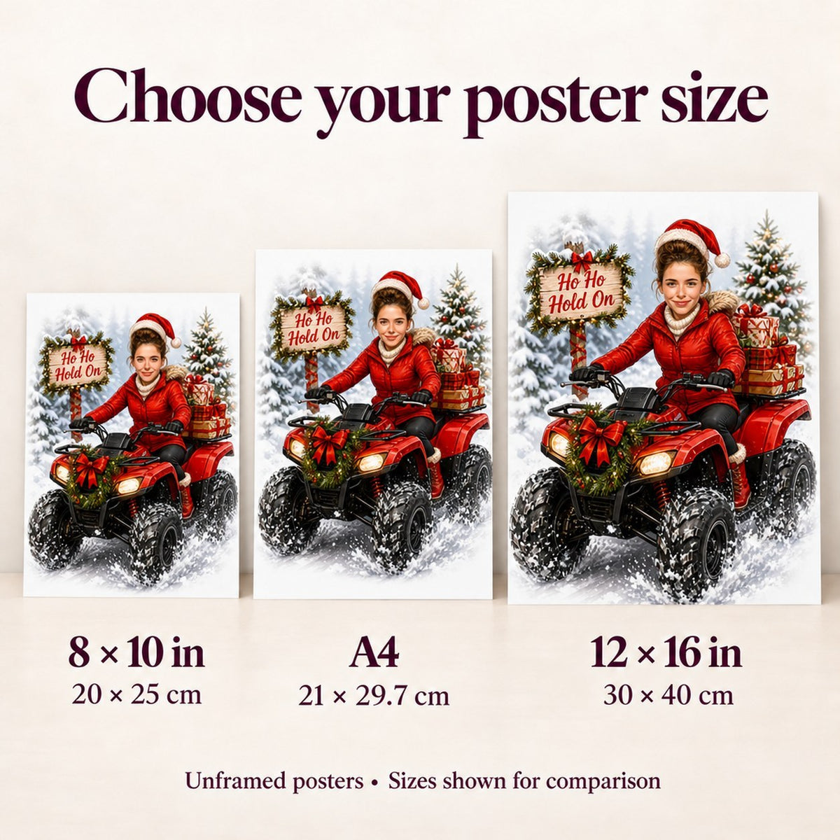 Poster sizes compared on wall: 8x10, A4, and 12x16 inch options.