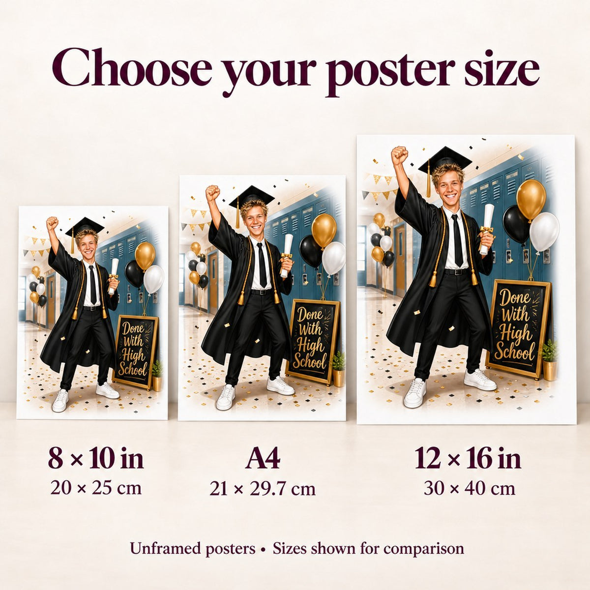 Poster size comparison showing 8x10, A4, and 12x16 graduation caricature prints side by side