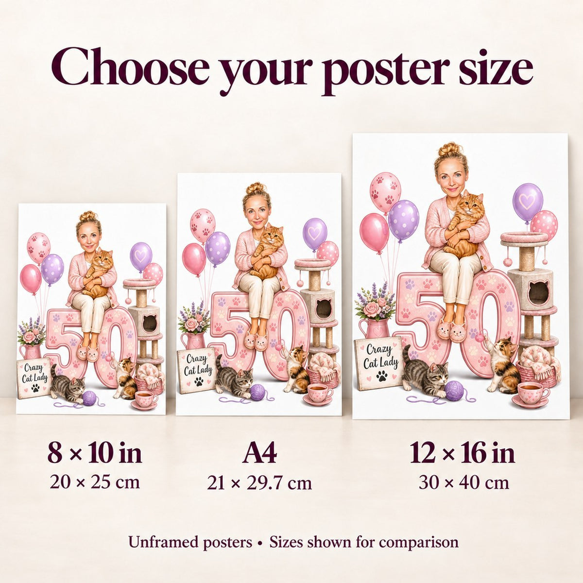 Poster sizes 8x10, A4, and 12x16 compared to sofa and desk frames.