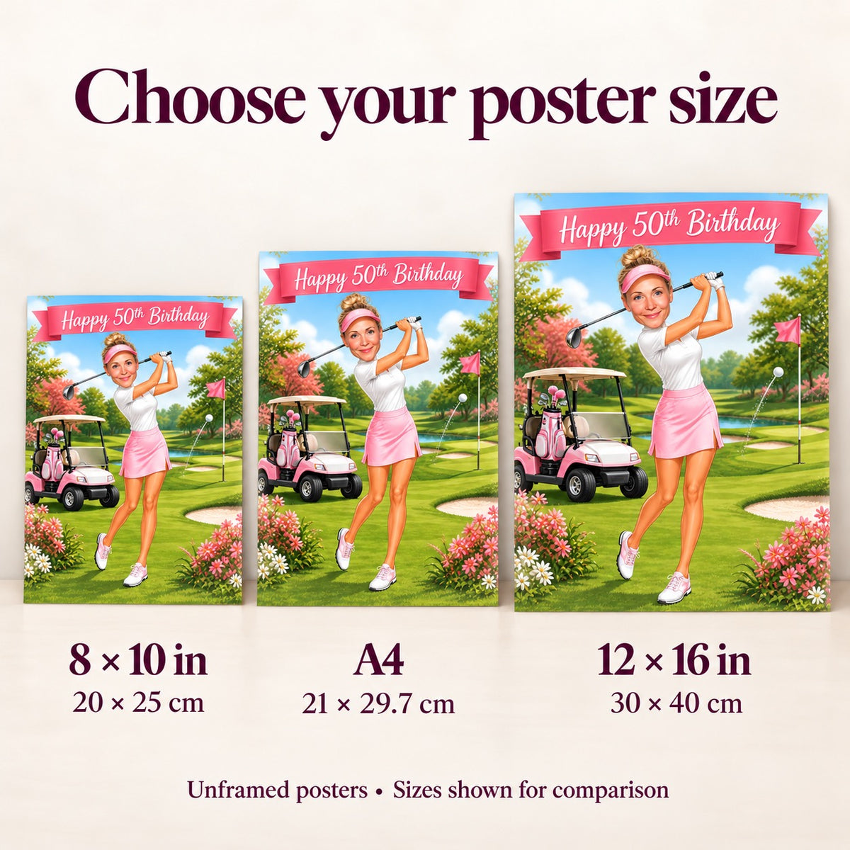 8x10, A4, and 12x16 posters compared to chair for scale.