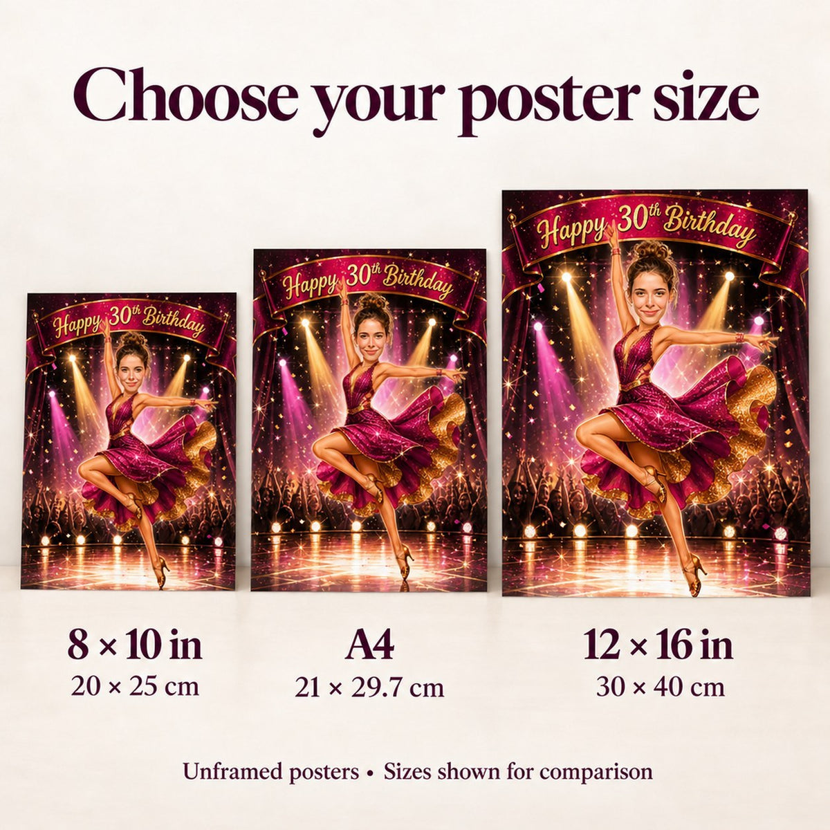 Size guide showing 8x10, A4, and 12x16 posters against living room wall