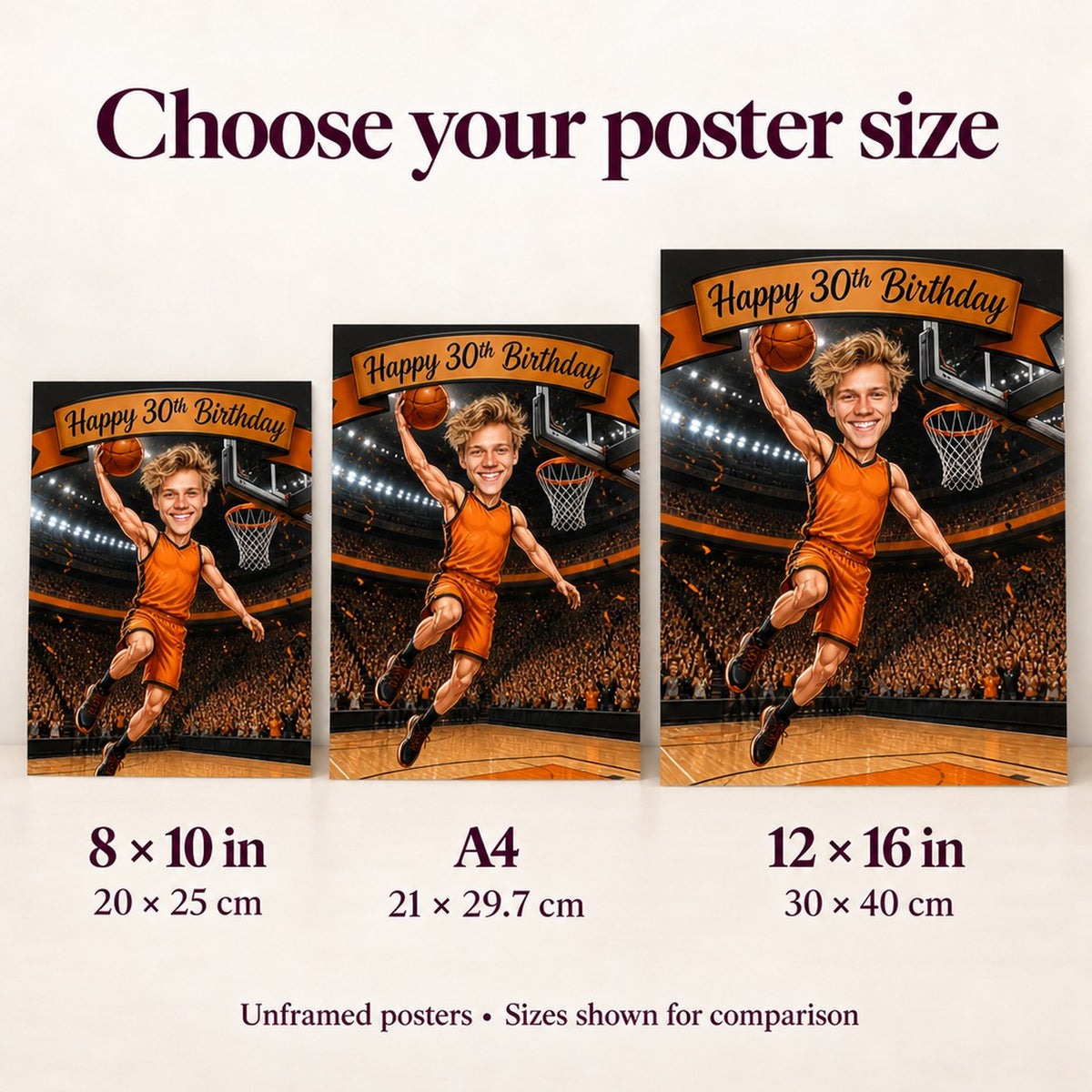 Wall comparison of 8x10, A4, and 12x16 basketball caricature poster sizes.