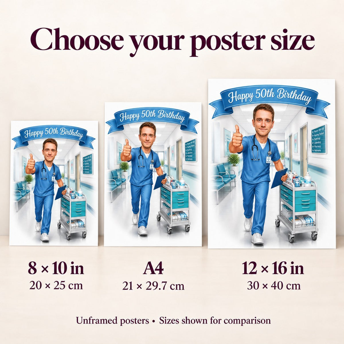 Size guide showing 8x10, A4, and 12x16 posters on a wall.