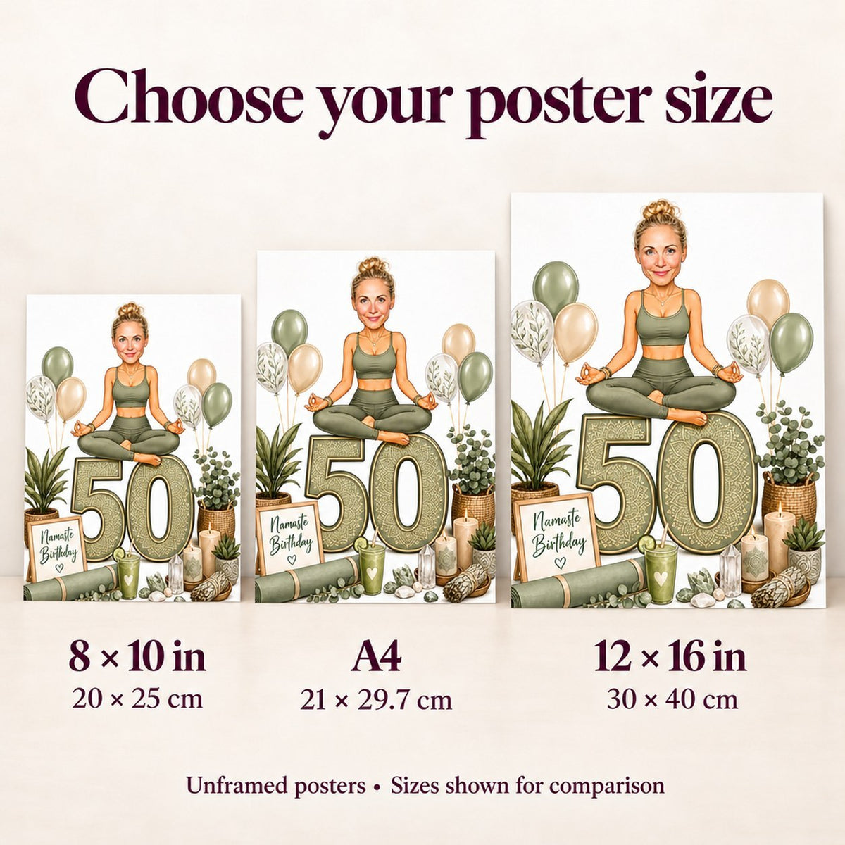Poster size comparison for 8x10, A4, and 12x16 inches shown for scale.