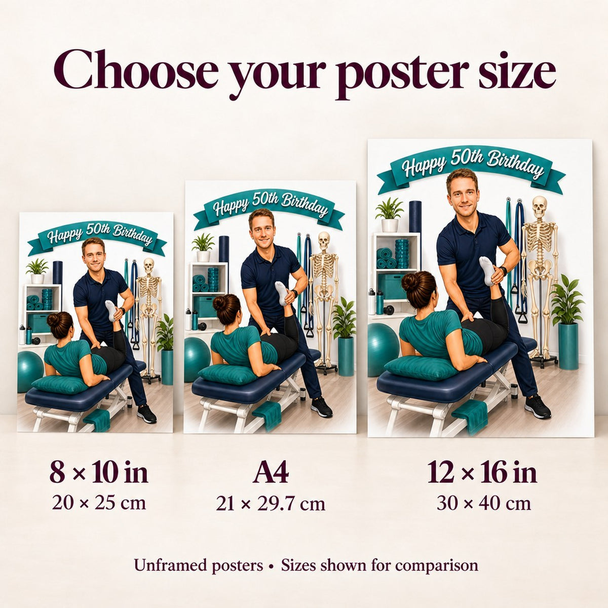 Matte poster sizes 8x10, A4, and 12x16 shown side by side for scale.