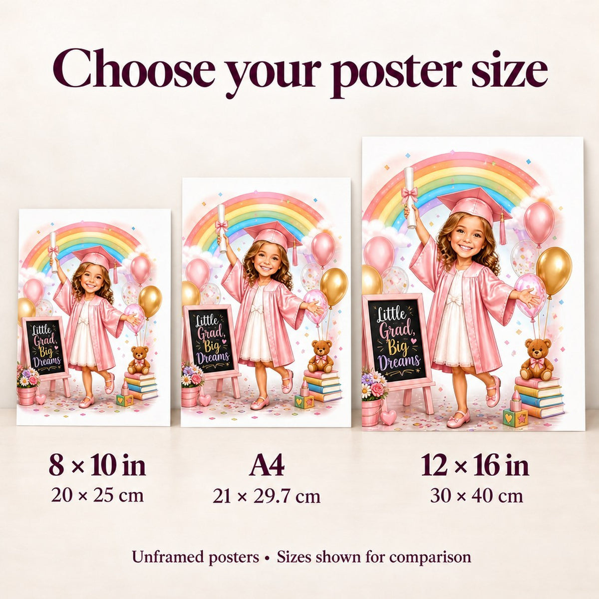 Poster size comparison showing 8x10, A4, and 12x16 options on a wall