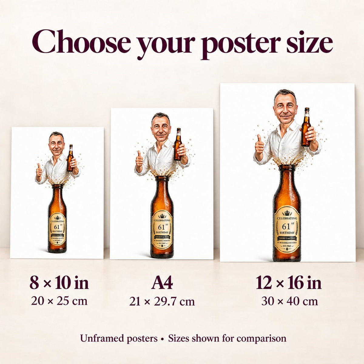 Wall comparison of 8x10, A4, and 12x16 inch poster sizes for scale.