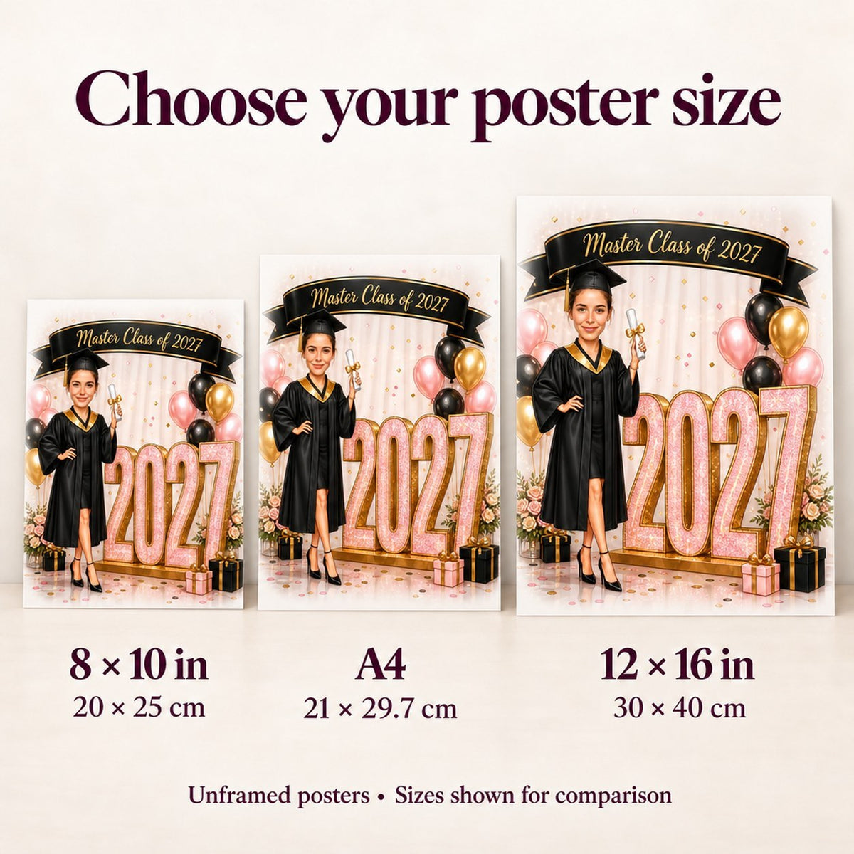 Poster sizes 8x10, A4, and 12x16 compared on wall for scale
